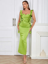 Şık Askısız Kırışık Sırt Dekolteli Akşam Elbisesi