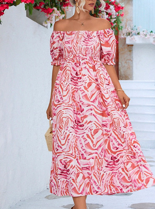 Büzgülü Desenli Omuzu Açık Midi Elbise