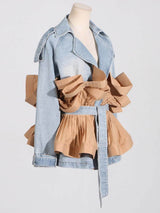 Trendy Kontrast Renkli Fırfırlı Pileli Bağcıklı Denim Ceket