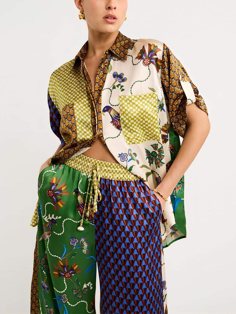 Özel Halk Desenli Bol Paça Pantolon Takım