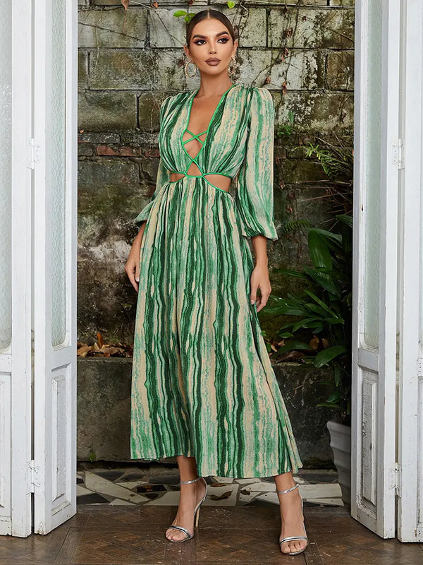 V-Yaka Çiçekli Fener Kol Elbise