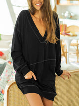 Renk Bloklu V Yaka Gündelik Mini Elbise