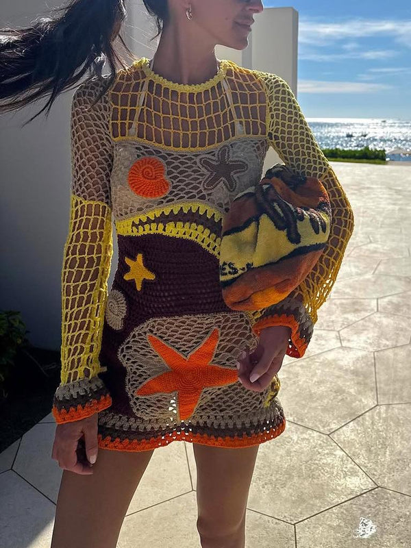 Mercan Resifi İlhamlı Desenli Kroşe Mini Elbise