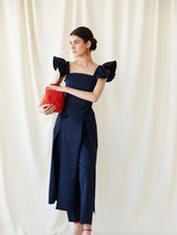 Navy Ruffle Sleeve Top & High-Waisted Pants Set
