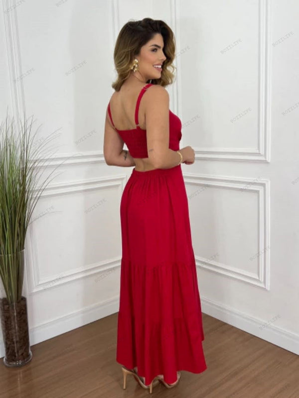 Trendy Çok Yönlü Düz Renk Spagetti Askılı Midi Elbise