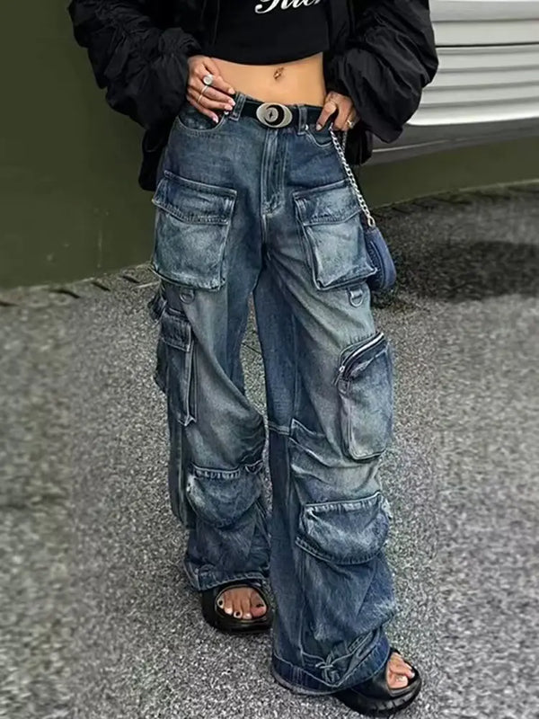 Vintage Çok Cepli Denim İş Pantolonu