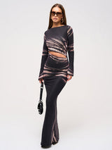 Kesik Bel Desenli Maxi Elbise