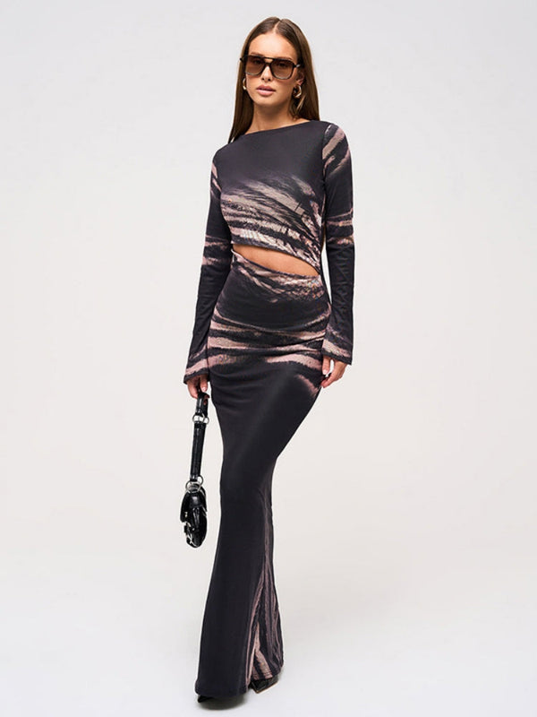 Kesik Bel Desenli Maxi Elbise