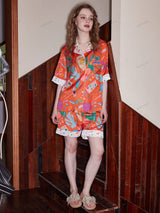 Kırtasiye Baskılı Buz İpek Kısa Kol Günlük Giyim Takımı