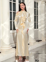 Uzun Kollu Omuz Açık Bağlama Elbisesi