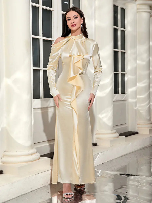 Uzun Kollu Omuz Açık Bağlama Elbisesi