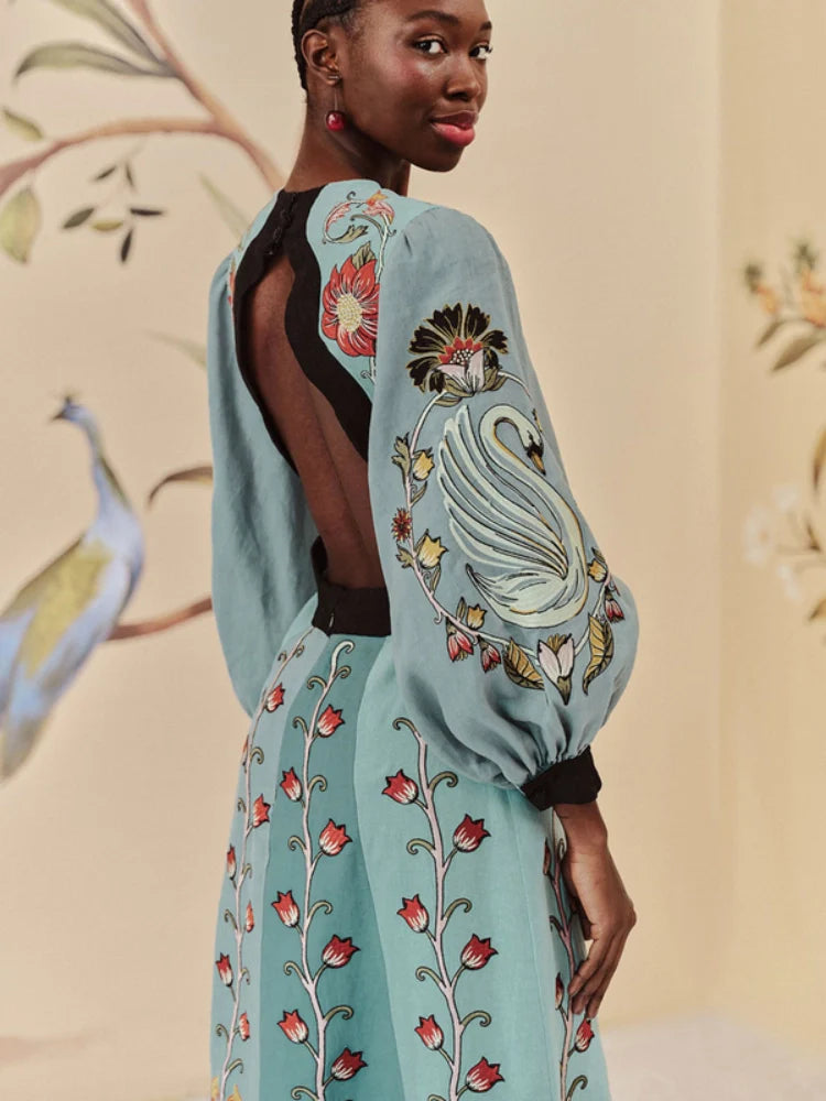 Kolsuz Keten Düşük Bel Midi Elbise