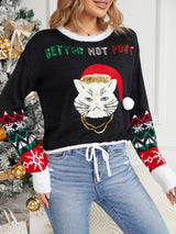 Günlük Yuvarlak Yaka Kedi Nakışlı Payetli Kazak