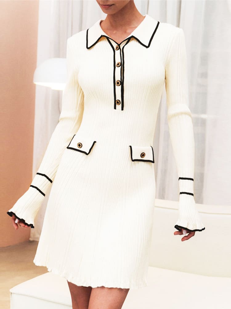 Uzun Kollu Yaka Detaylı Triko Mini Elbise