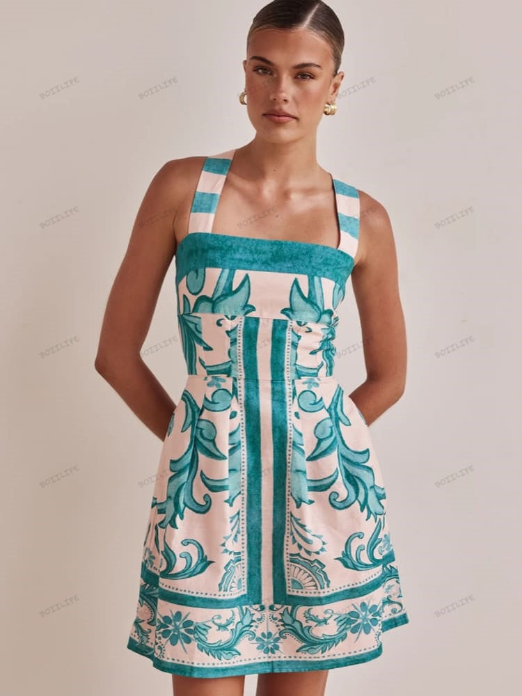 Trendy Rahat Baskılı Spagetti Askılı Mini Elbise