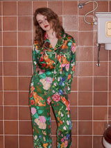 Orman Bahçesi Desenli Buz İpek Uzun Kol Günlük Giyim Takım