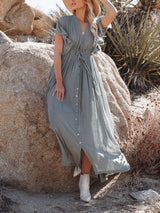 Düğmeli Pamuk Keten Mükemmel Plaj Boho Maxi Elbise