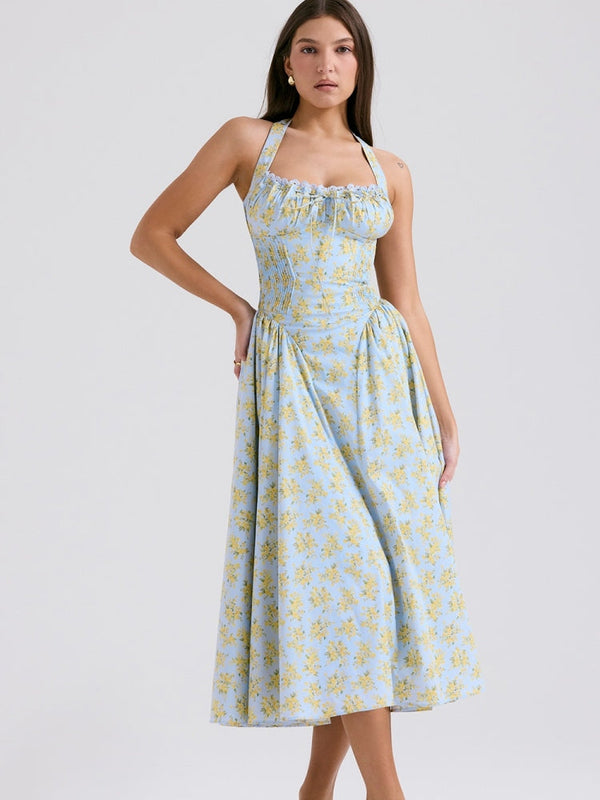 Yumuşak Mavi Vintage Çiçek Desenli Sırtı Açık Tank Elbise