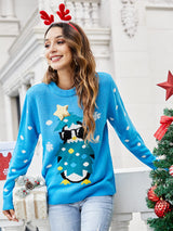 Yuvarlak Yaka Rahat Penguen Nakışlı Örgü Kazak