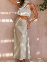 Saten Boyundan Bağlamalı Crop Top + Wrap Mini Etek
