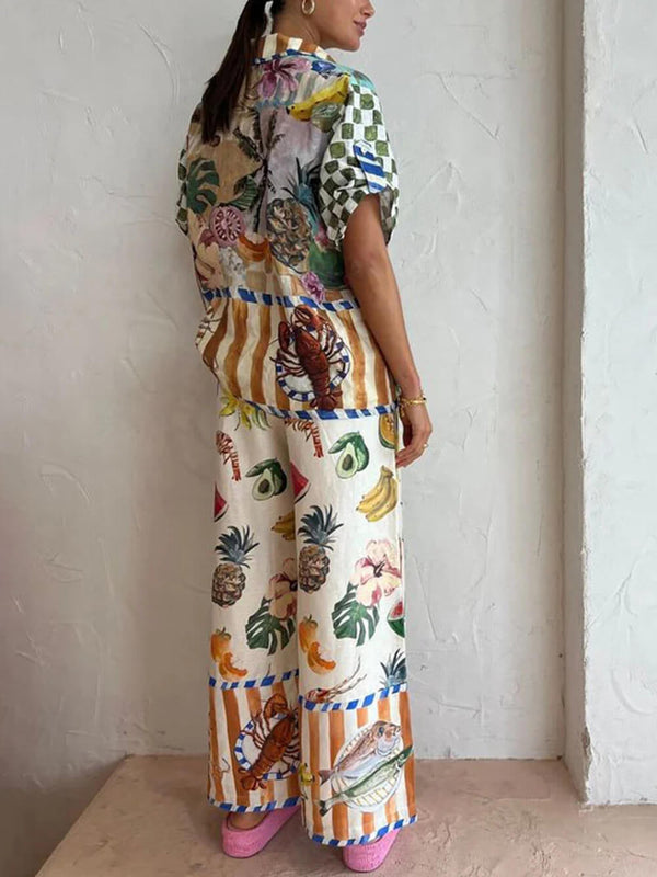 Sanatsal Renkli Meyve Baskı Gündelik İki Parçalı Set