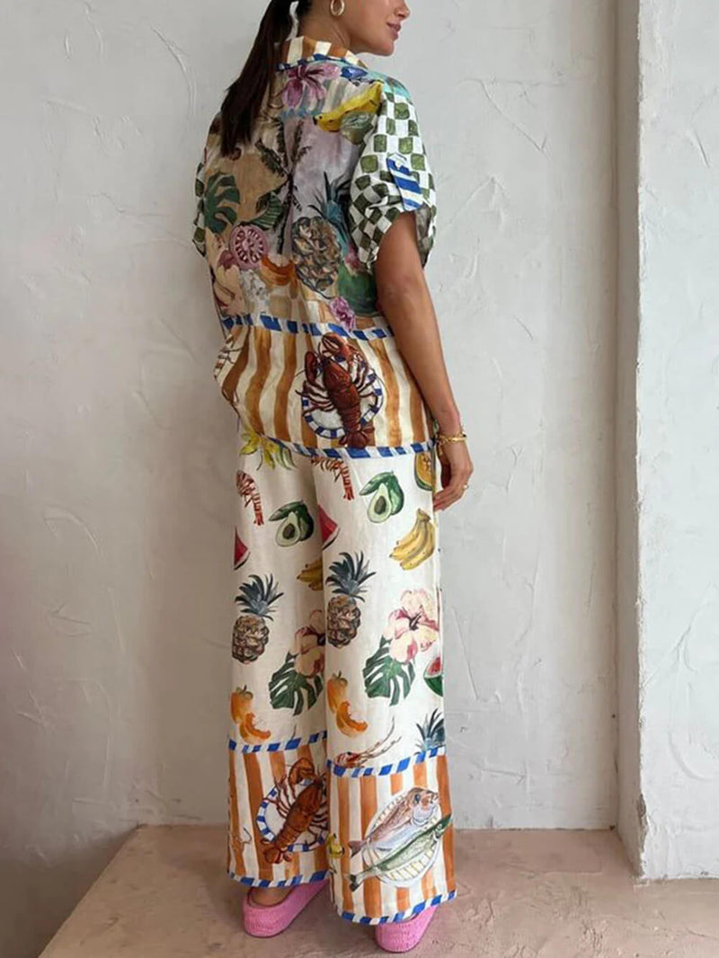 Sanatsal Renkli Meyve Baskı Gündelik İki Parçalı Set