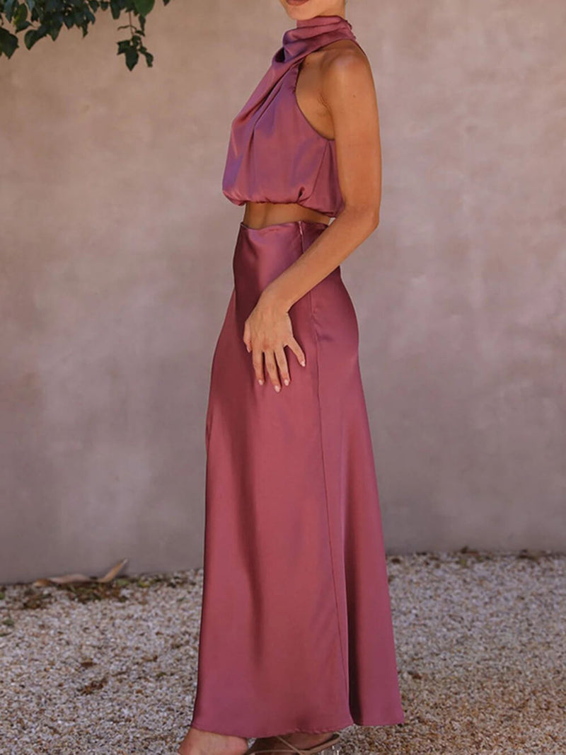 Saten Boyundan Bağlamalı Crop Top + Wrap Mini Etek