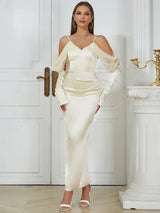 Vintage Spagetti Askılı Yırtmaçlı Elbise