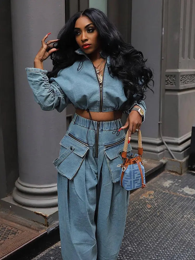 Vintage Geniş Paça Denim İkili Takım