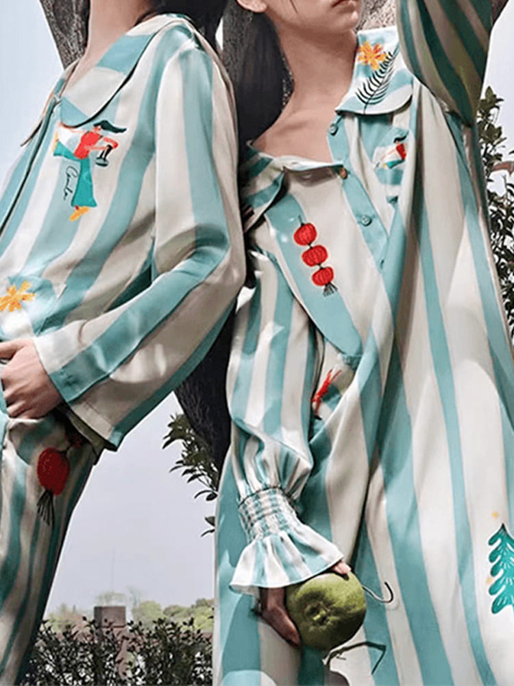 Ev Tekstili - Baskılı Buz İpek Uzun Kollu Pijama Takımı