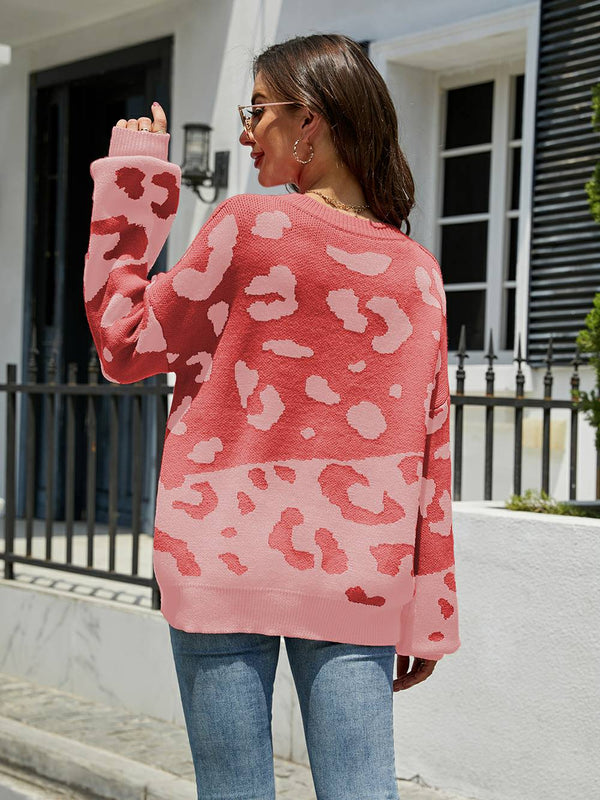 Şık Leopar Yuvarlak Yaka Örgü Kazak