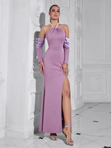 İnci Halter Yaka Uzun Kollu Elbise