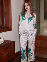 Ahtapot Desenli Buz İpek Uzun Kollu Lounge Giyim Seti - Beyaz