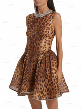 Leopar Desenli Yuvarlak Yaka Kristal Elbise