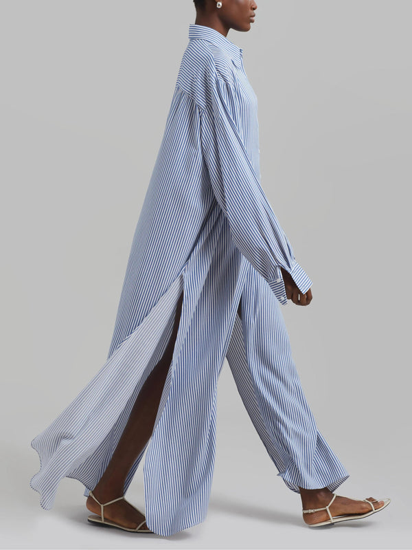 Avery Fluid Shirt Dress - White/Blue Stripe