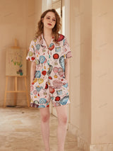 Sıcak Hava Balonu Desenli Buz İpek Önü Açık Kısa Kollu Pijama Takımı