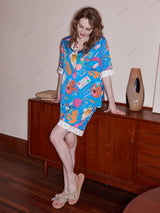 Kırtasiye Baskı Günlük Kısa Kollu Rahat Giyim Seti - Mavi