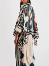 İnce Saten Çiçek Desenli Batwing Kol Pantolon Takım - Turuncu