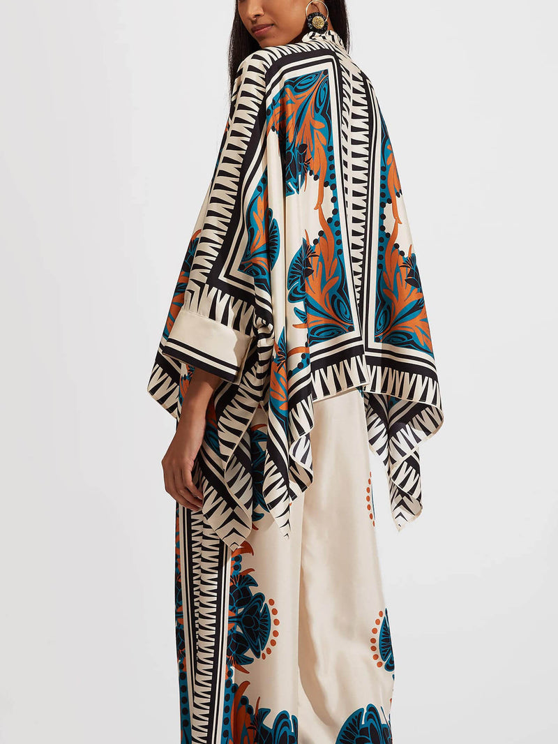 İnce Saten Çiçek Desenli Batwing Kol Pantolon Takım - Turuncu