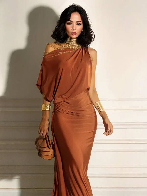 Oblique Collar Off-Shoulder Pleated Maxi Dress