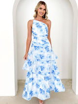 Tek Omuzlu Askılı Çiçek Desenli Elbise