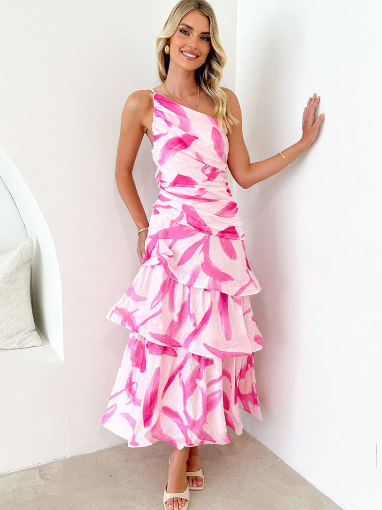 Tek Omuzlu Askılı Çiçek Desenli Elbise