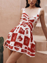 Çiçekli Dekoratif Benzersiz Baskı V Yaka İçi Boş A-Line Mini Elbise