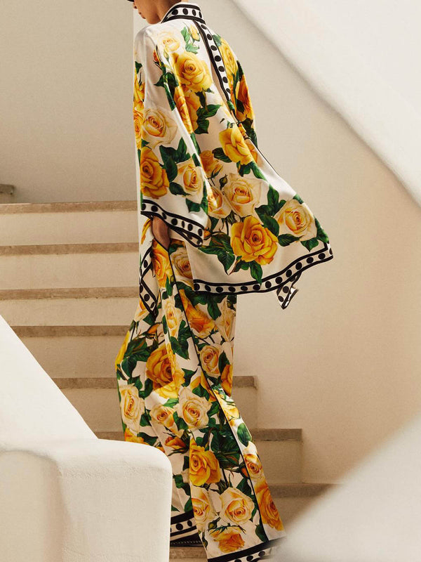 Zarif Gül Baskılı Yaka Bol Gömlek