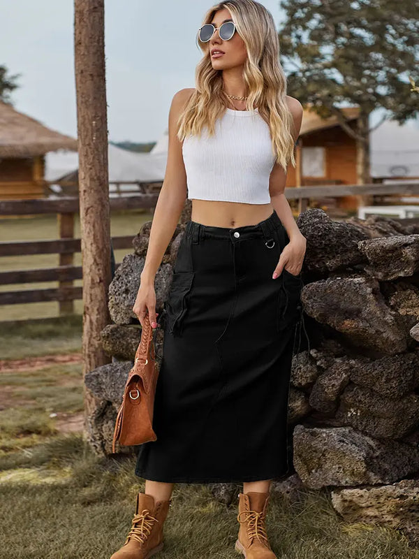 Vintage Tarzı Denim Kargo Midi Etek