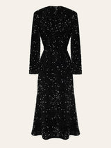 Siyah Payet Desenli Kadife Midi Elbise