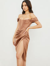 Kap Omuz Korse Bodycon Midi Elbise - Şeker Kahve