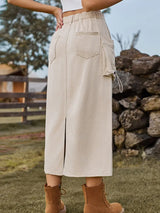 Vintage Tarzı Denim Kargo Midi Etek