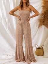 Çiçekli Spagetti Askılı Büzgülü Geniş Paça Tulum