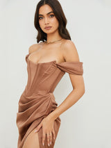 Kap Omuz Korse Bodycon Midi Elbise - Şeker Kahve
